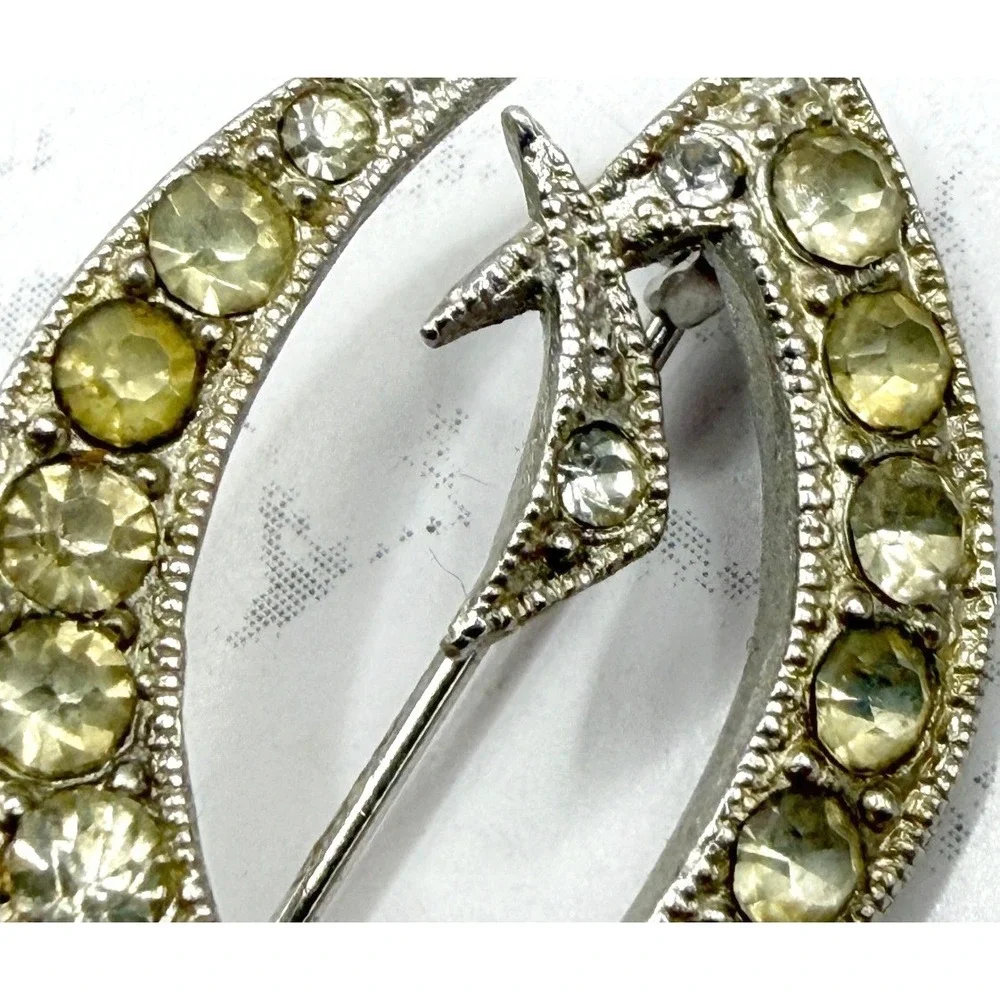 Vintage Silver Tone Leaf‎ Brooch Yellow Rhinestones Mid Century Pin